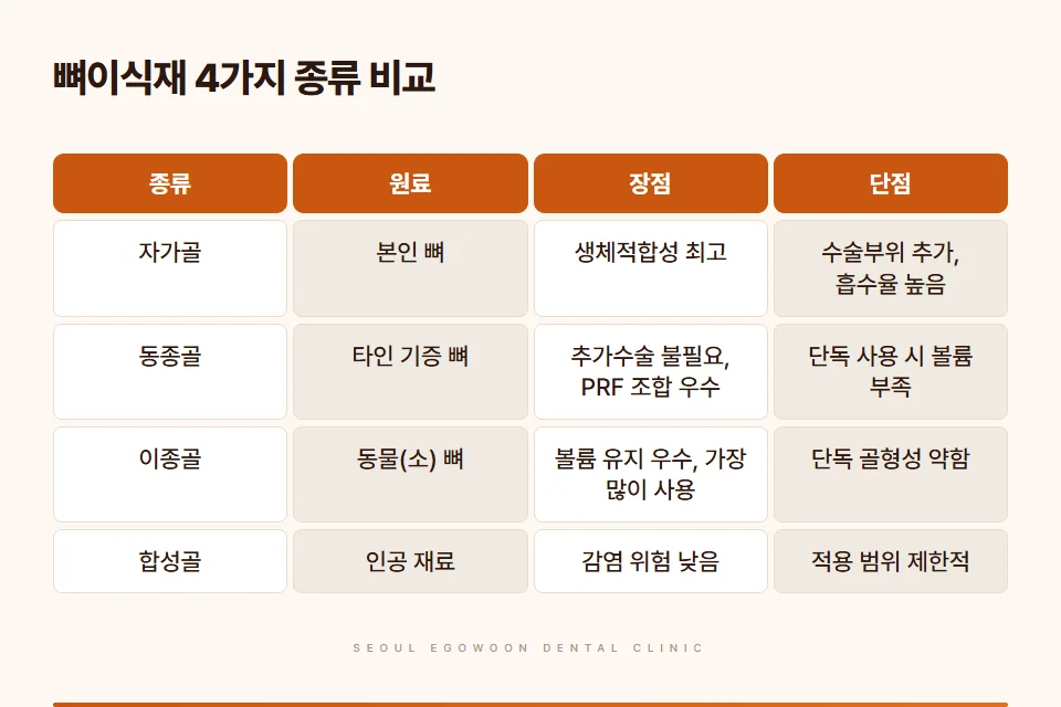 임플란트 뼈이식재 종류 비교 - 자가골 동종골 이종골 합성골