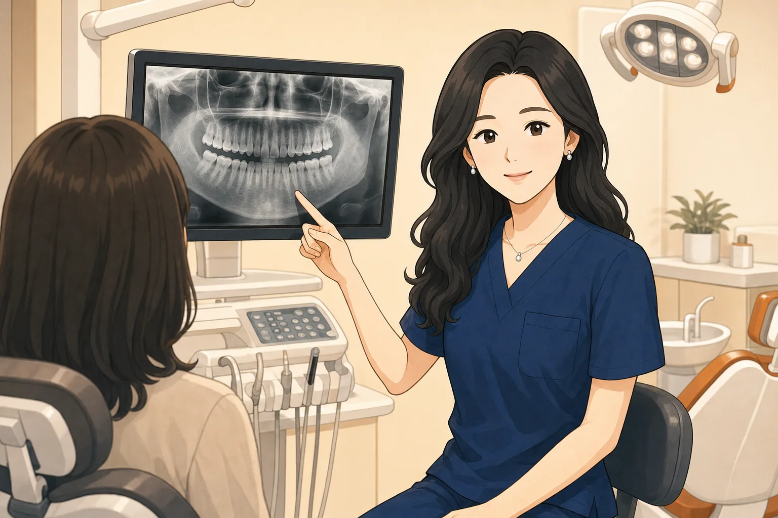 치과 진료실에서 치과보존과 전문의 조세현 원장이 환자에게 파노라마 X-ray를 보여주며 신경치료 과정을 설명하는 장면