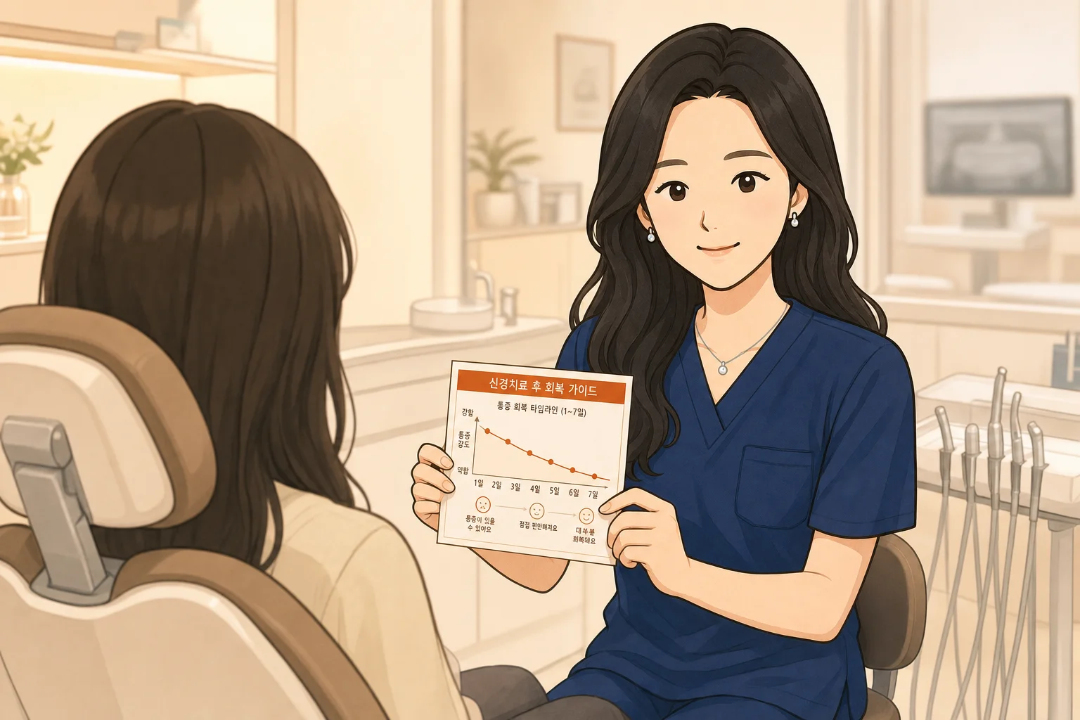 신경치료 후 통증 회복 경과를 환자에게 설명하는 치과보존과 전문의 조세현 원장