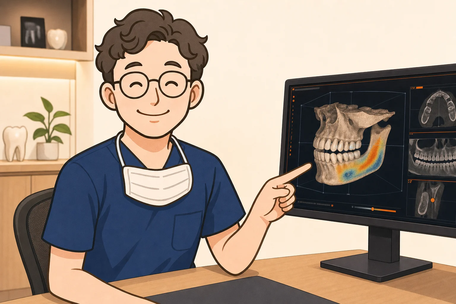구강악안면외과 전문의 원장이 환자와 임플란트 첫 상담을 진행하는 장면