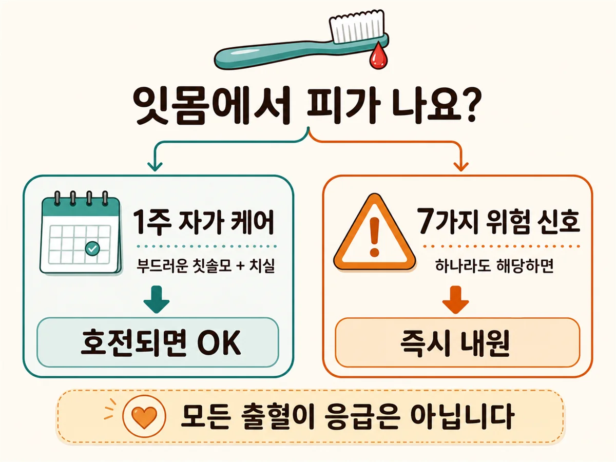 잇몸에서 피가 나요 — 자가 케어와 위급 신호 구분 인포그래픽