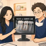 재근관치료 vs 임플란트 — 성공률 78% vs 95%, 한 치아 살릴까 빼야 할까 / 운정·파주 서울이고운치과 조세현 보존과 전문의와 이채윤 구강악안면외과 전문의가 환자 X-ray를 함께 보며 재근관치료 vs 임플란트 결정을 협진하는 장면