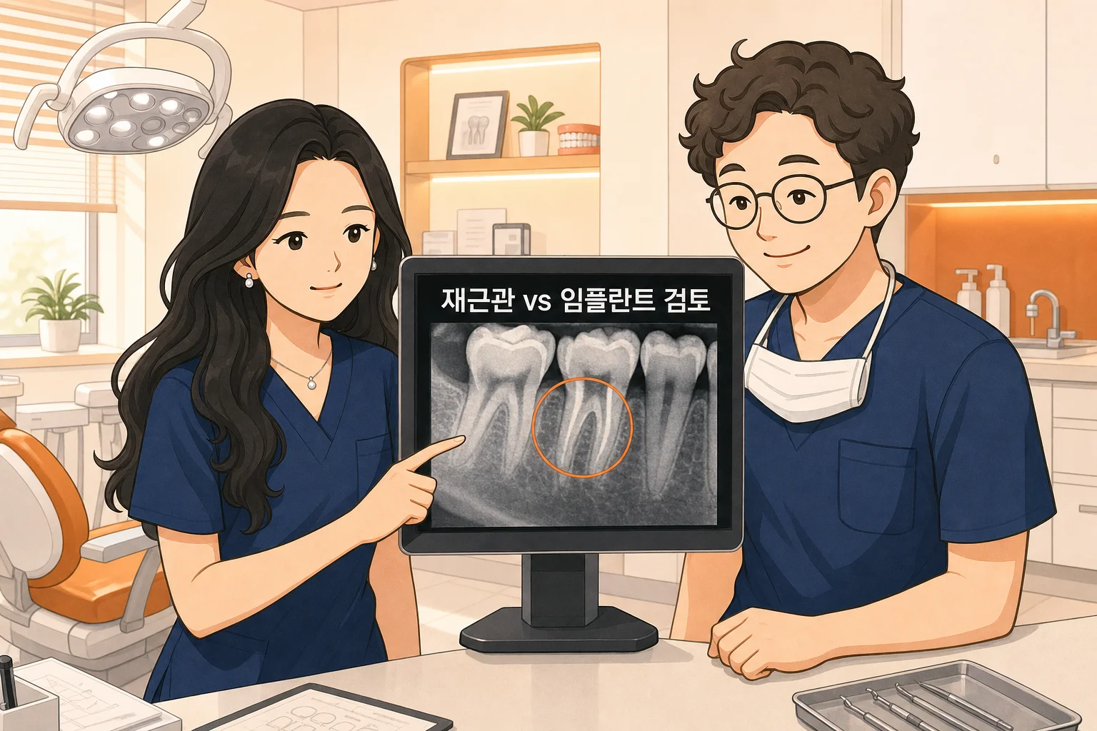 조세현 보존과 전문의와 이채윤 구강악안면외과 전문의가 환자 X-ray를 함께 보며 재근관치료 vs 임플란트 결정을 협진하는 장면
