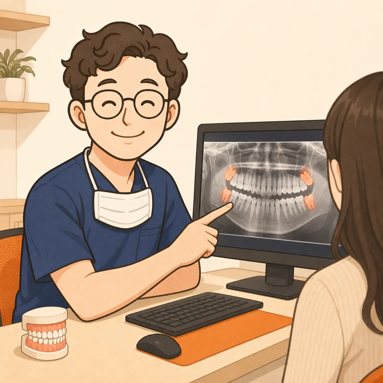 이채윤 원장이 진료실 모니터의 파노라마 X-ray를 가리키며 환자에게 사랑니 위치를 설명하는 장면