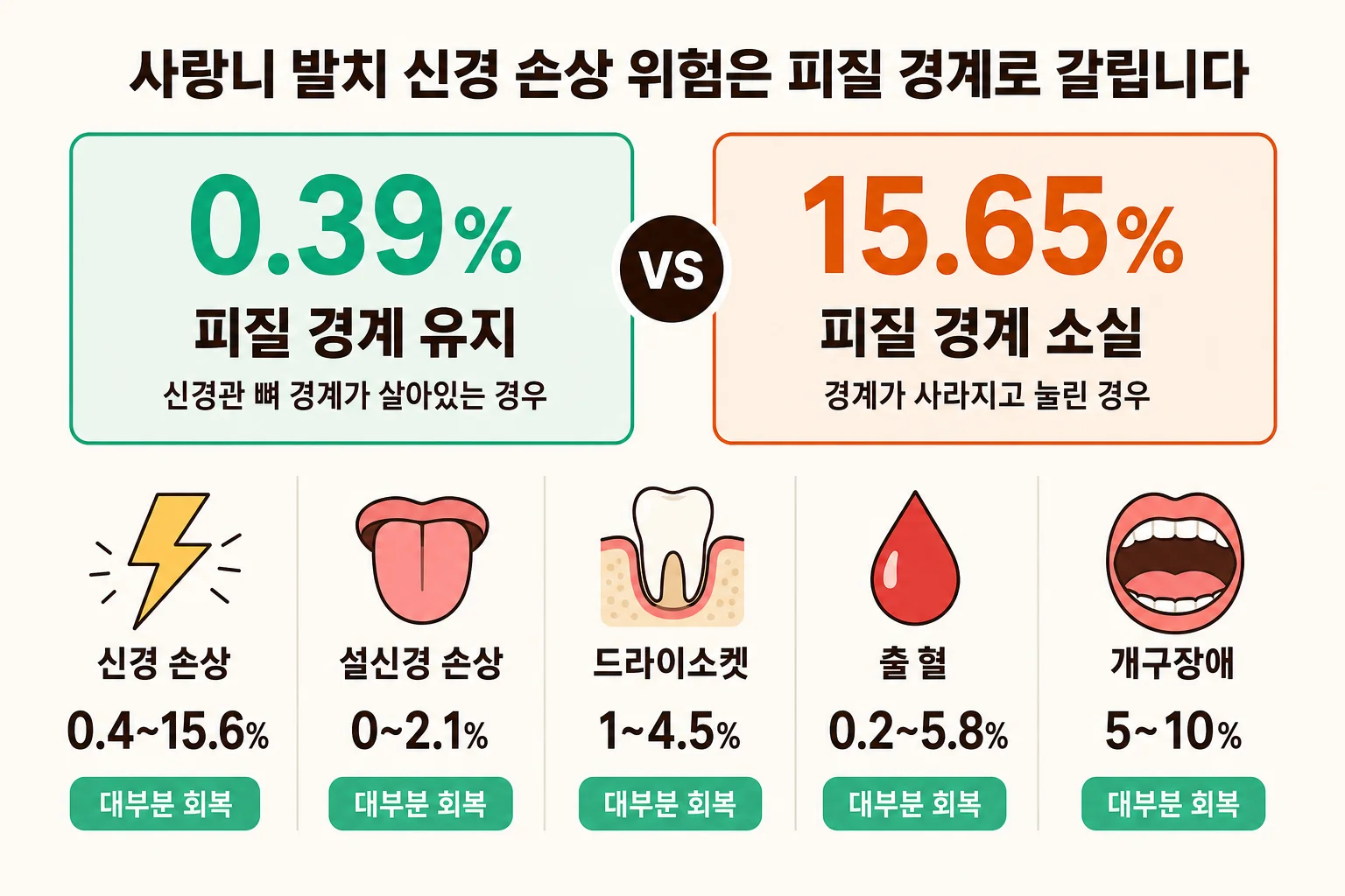 사랑니 발치 부작용 주요 5가지 | 피질 경계 유지 여부에 따른 신경 손상 위험 차이와 합병증 회복 기간 인포그래픽
